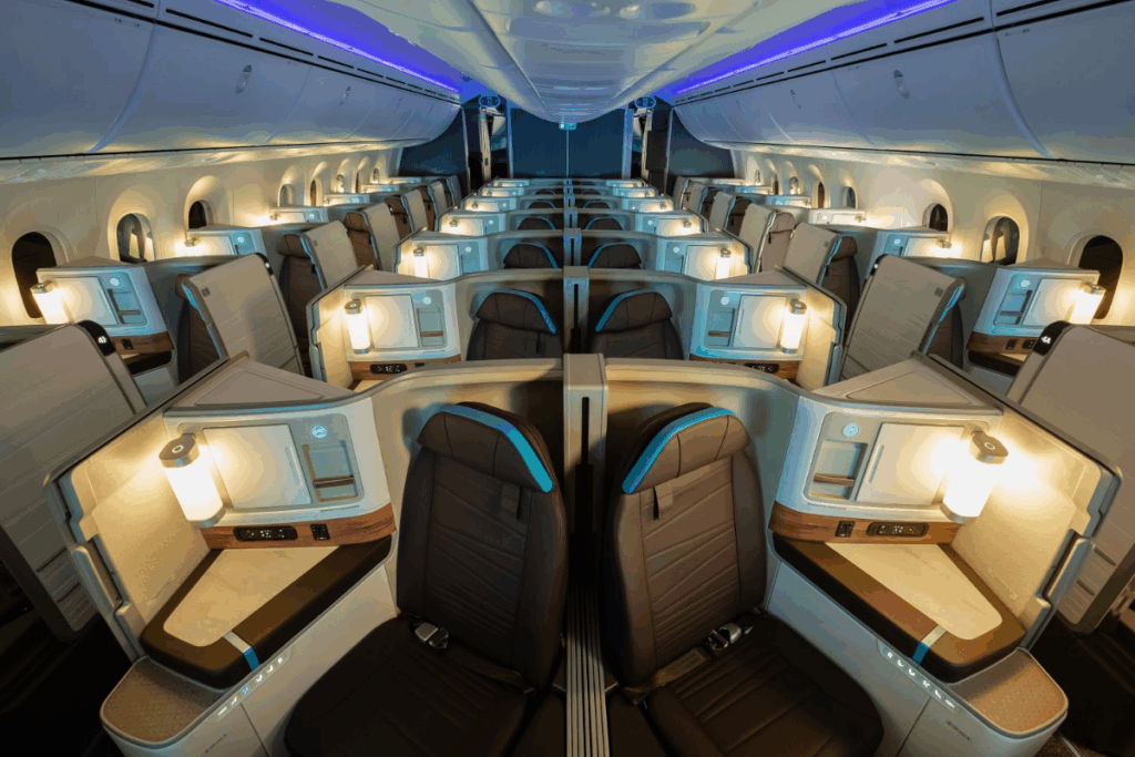 interior of Alaska Airlines boeing 787 Dreamliner business class cabin