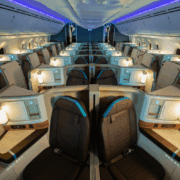 interior of Alaska Airlines boeing 787 Dreamliner business class cabin