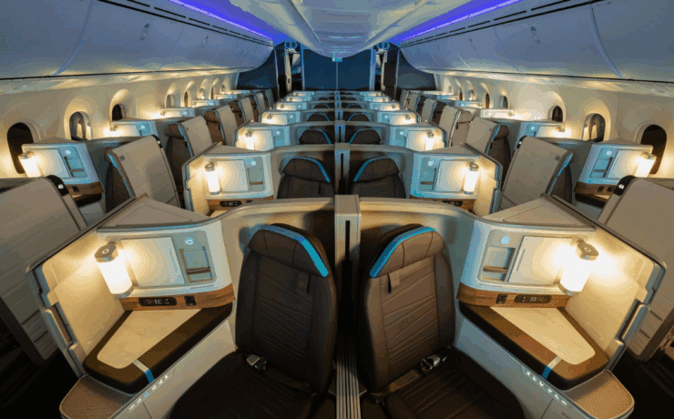 interior of Alaska Airlines boeing 787 Dreamliner business class cabin