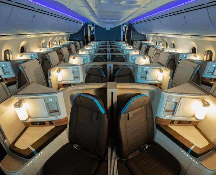 interior of Alaska Airlines boeing 787 Dreamliner business class cabin