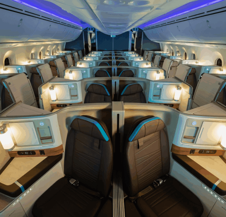 interior of Alaska Airlines boeing 787 Dreamliner business class cabin