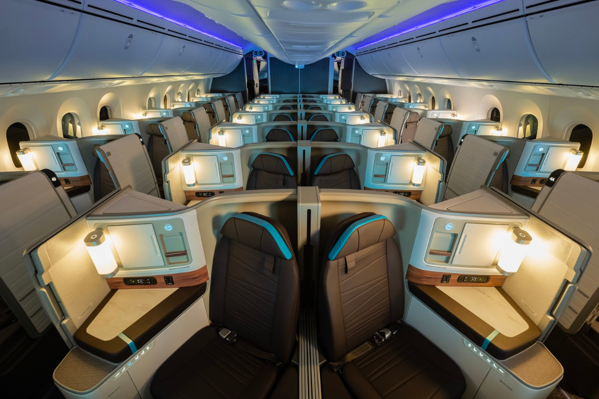 interior of Alaska Airlines boeing 787 Dreamliner business class cabin