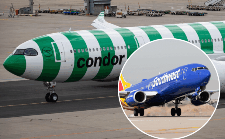 A condor airplane on the tarmac with an inset picture of a Southwest Airlines airplane taking off