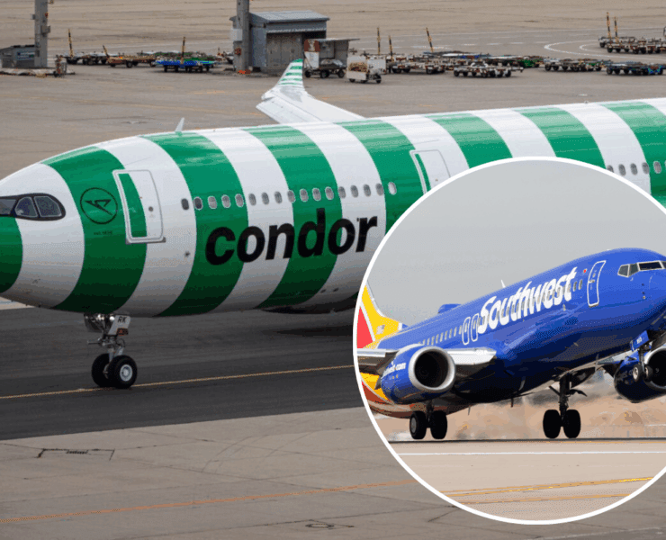 A condor airplane on the tarmac with an inset picture of a Southwest Airlines airplane taking off
