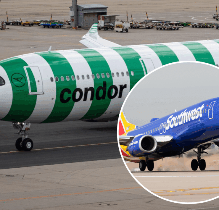 A condor airplane on the tarmac with an inset picture of a Southwest Airlines airplane taking off