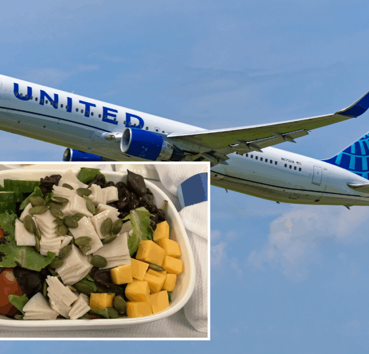 a plane flying in the sky with a salad and a plate of food