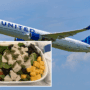 a plane flying in the sky with a salad and a plate of food