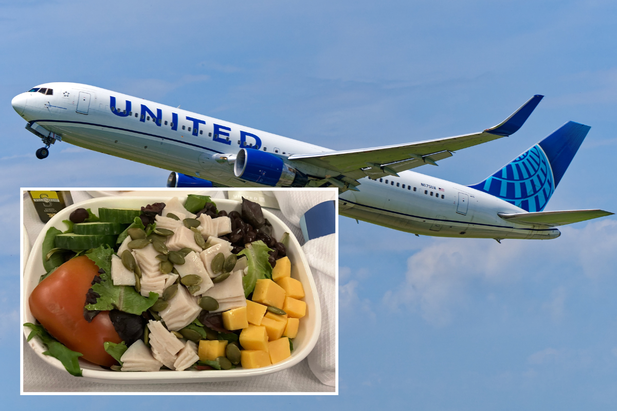 a plane flying in the sky with a salad and a plate of food