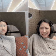 a woman with headphones on