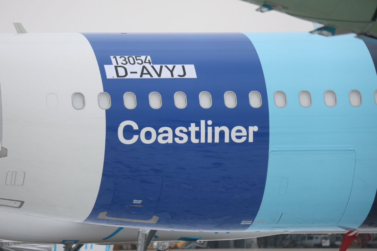 the side of a plane with a blue stripe