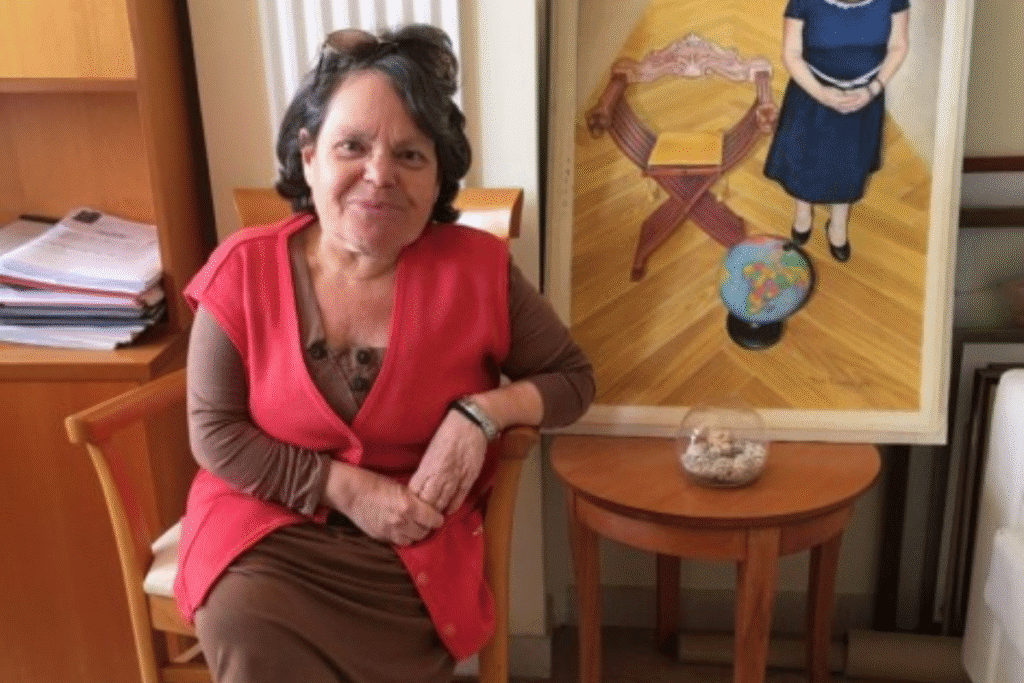 a woman sitting in a chair