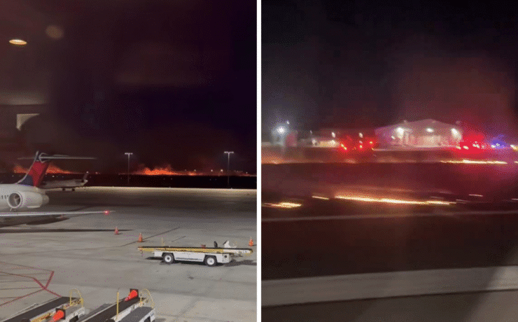 a plane on the runway at night