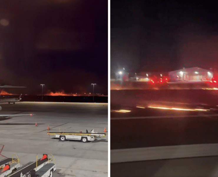 a plane on the runway at night