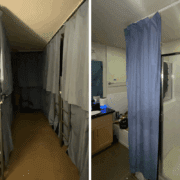 a shower curtain in a bathroom