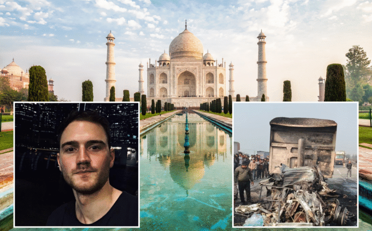 a man taking a selfie in front of Taj Mahal