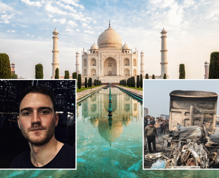 a man taking a selfie in front of Taj Mahal