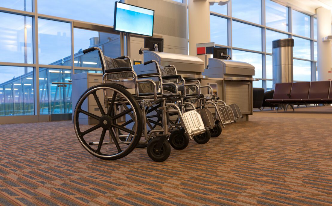 a wheelchair at an airport boarding gate