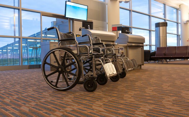 a wheelchair at an airport boarding gate