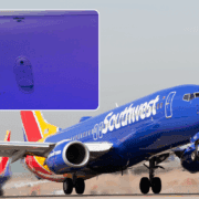 a close up of a southwest airlines 'crew only' overhead bin against a photo of a southwest airplane taking off