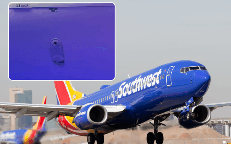 a close up of a southwest airlines 'crew only' overhead bin against a photo of a southwest airplane taking off