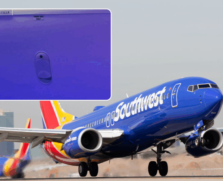 a close up of a southwest airlines 'crew only' overhead bin against a photo of a southwest airplane taking off