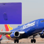 a close up of a southwest airlines 'crew only' overhead bin against a photo of a southwest airplane taking off