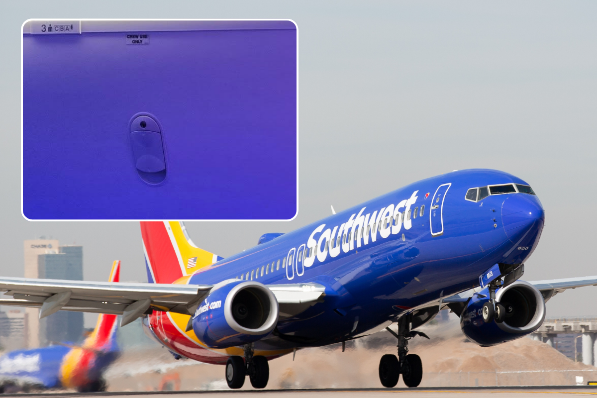a close up of a southwest airlines 'crew only' overhead bin against a photo of a southwest airplane taking off