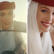 a woman wearing a red hat