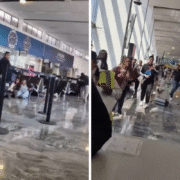 a collage of people in a terminal