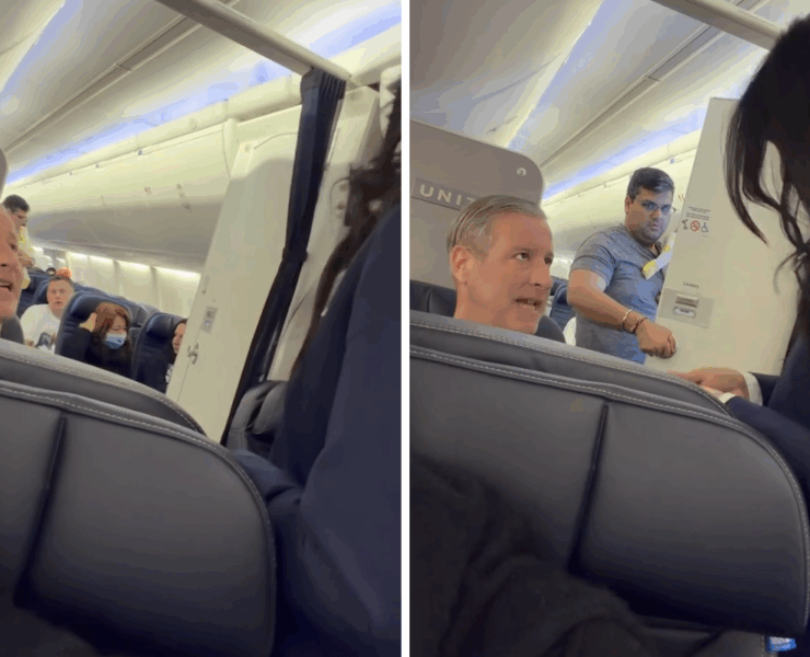 a man sitting in a chair with a woman in a mask