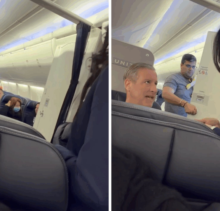 a man sitting in a chair with a woman in a mask