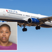 a delta air lines 737 with an inset photo of a suspect involved in a flight attendant assault