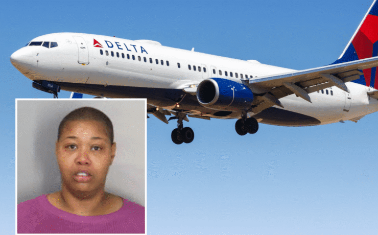 a delta air lines 737 with an inset photo of a suspect involved in a flight attendant assault