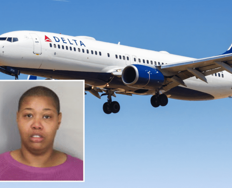 a delta air lines 737 with an inset photo of a suspect involved in a flight attendant assault