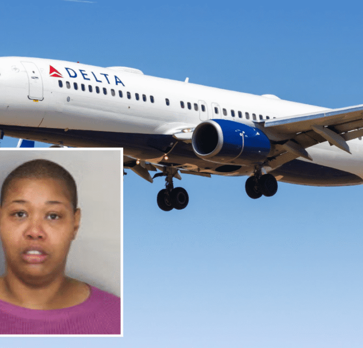 a delta air lines 737 with an inset photo of a suspect involved in a flight attendant assault