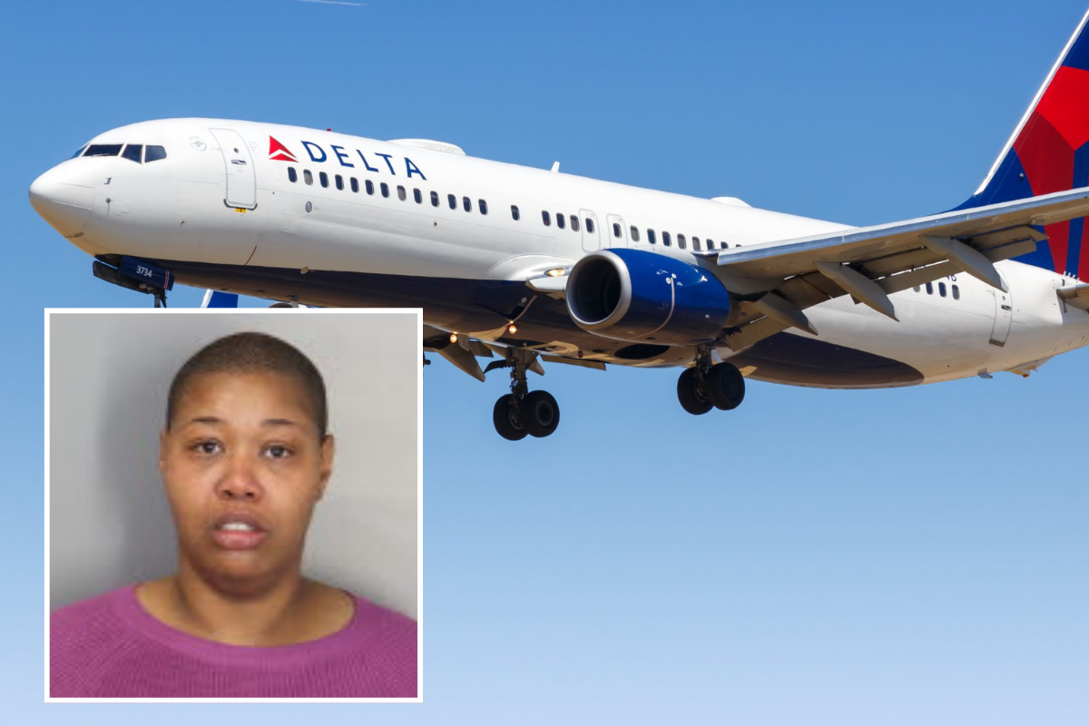 a delta air lines 737 with an inset photo of a suspect involved in a flight attendant assault