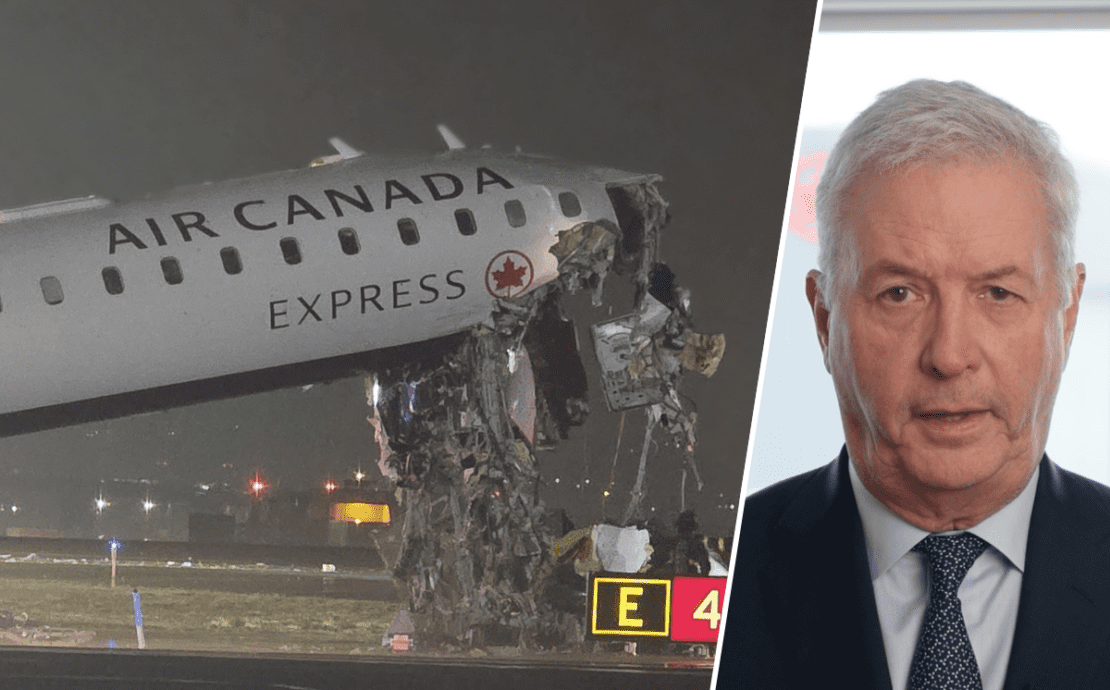 a photo of the crash of an air canada express plane at laguardia, inset with a photo of the air canada CEO