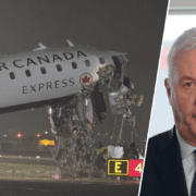 a photo of the crash of an air canada express plane at laguardia, inset with a photo of the air canada CEO