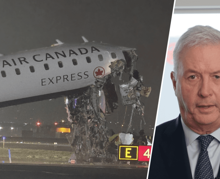 a photo of the crash of an air canada express plane at laguardia, inset with a photo of the air canada CEO