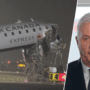 a photo of the crash of an air canada express plane at laguardia, inset with a photo of the air canada CEO