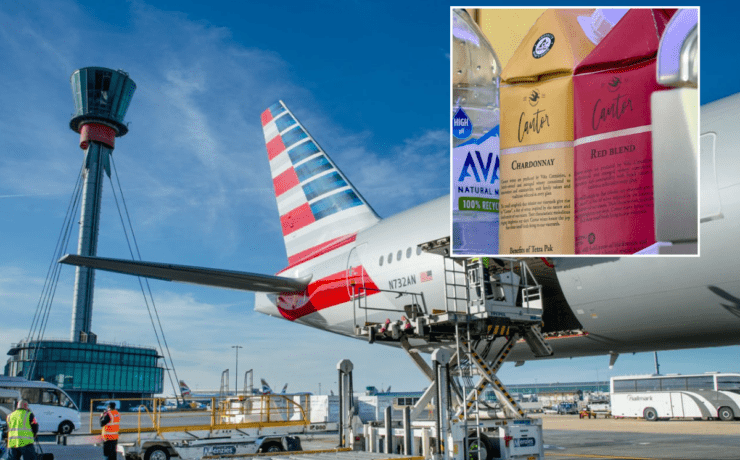 a plane with red and white stripes and a few boxes of juice