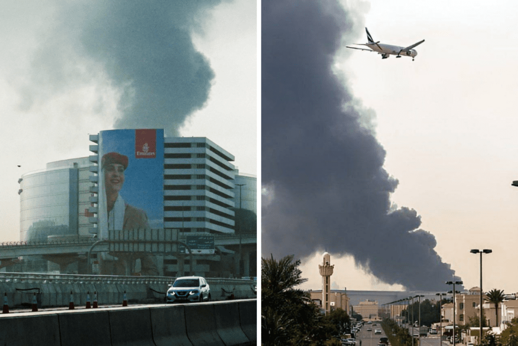 a plane flying over a building with smoke coming out of it