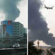 a plane flying over a building with smoke coming out of it
