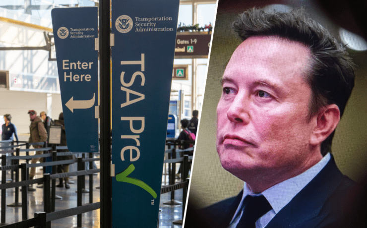 a man in a suit and tie next to a sign