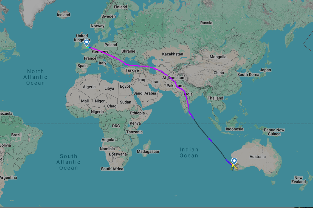 a map of the world with a route