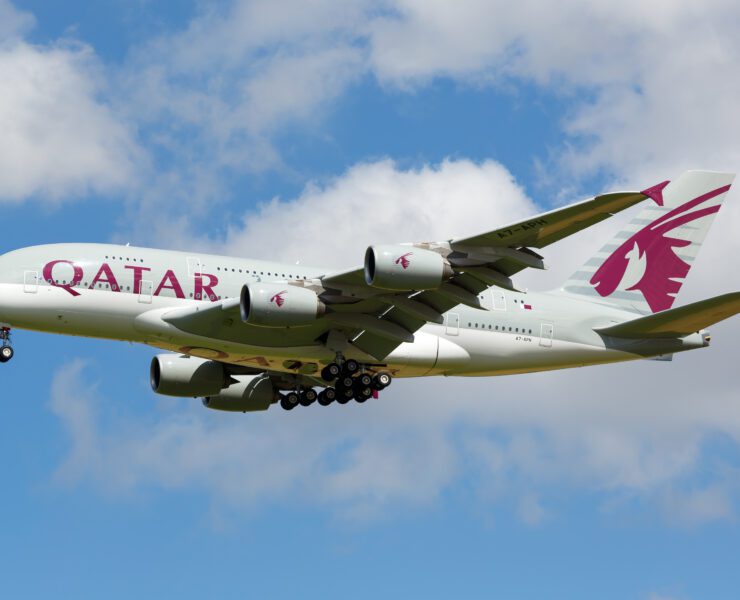 A Qatar Airways Airbus A380 flying in the sky