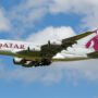 A Qatar Airways Airbus A380 flying in the sky