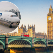 a plane on a bridge with a clock tower and a bridge