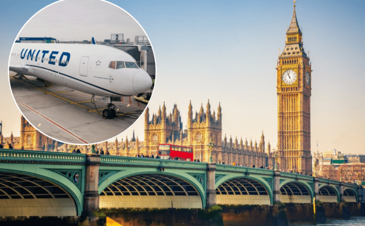 a plane on a bridge with a clock tower and a bridge