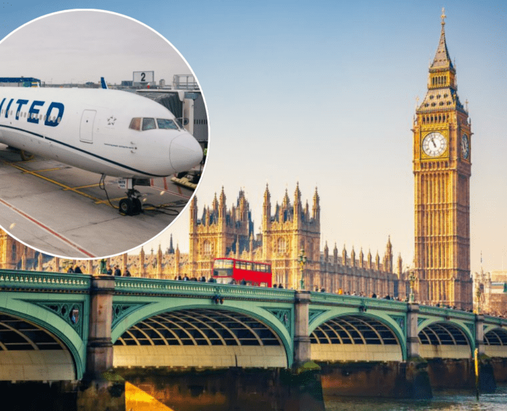 a plane on a bridge with a clock tower and a bridge